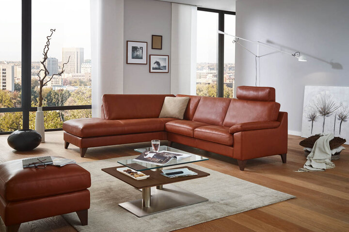 Wohnzimmer mit braunem Ledersofa von Erpo, einer modernen Lampe und einem Kaffeetisch aus Glas und Holz. Der Raum hat große Fenster mit Ausblick.